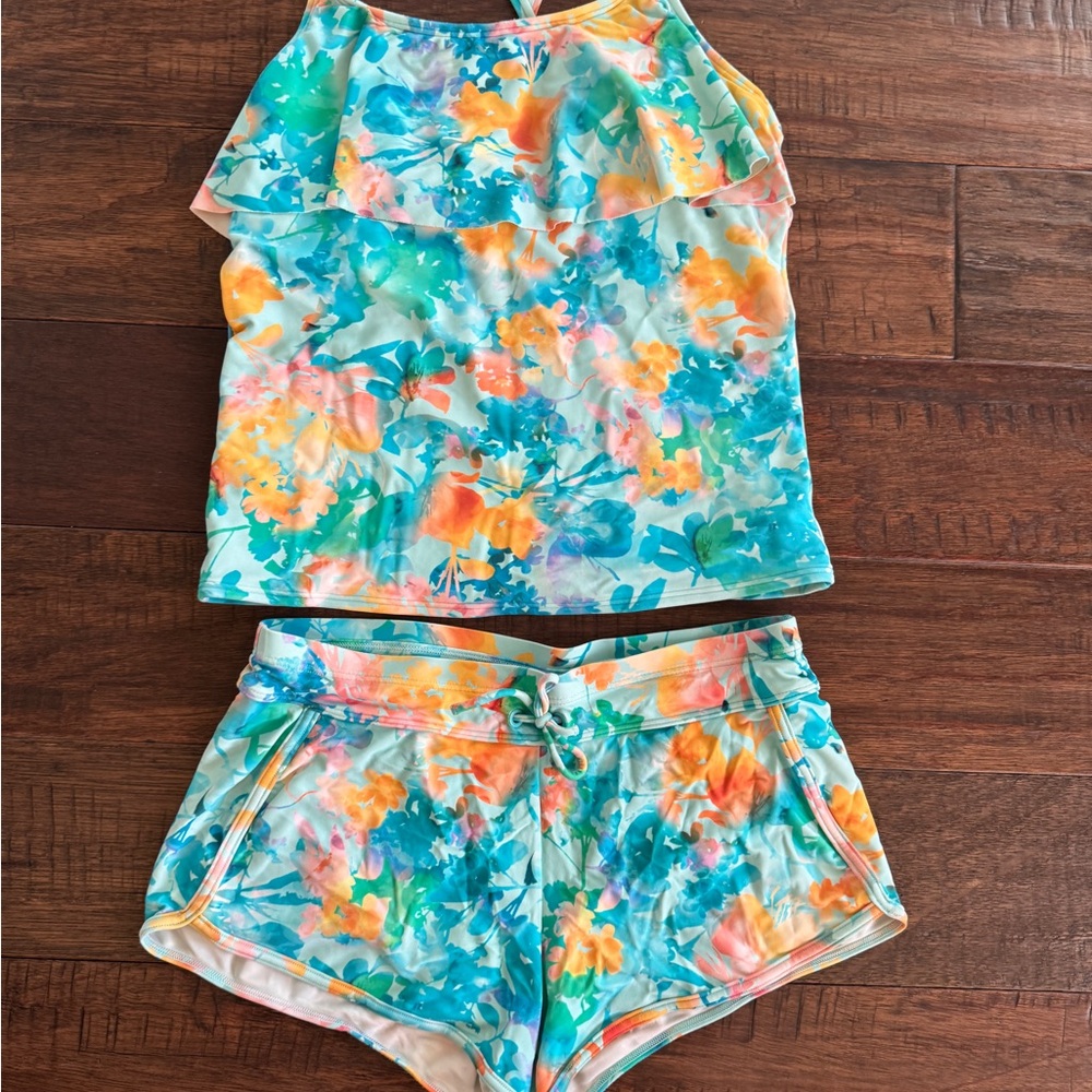 Athleta Girl swimsuit size Xl/14 XXL/16 Floral Tankini and Swim Shorts Set - Picture 2 of 9